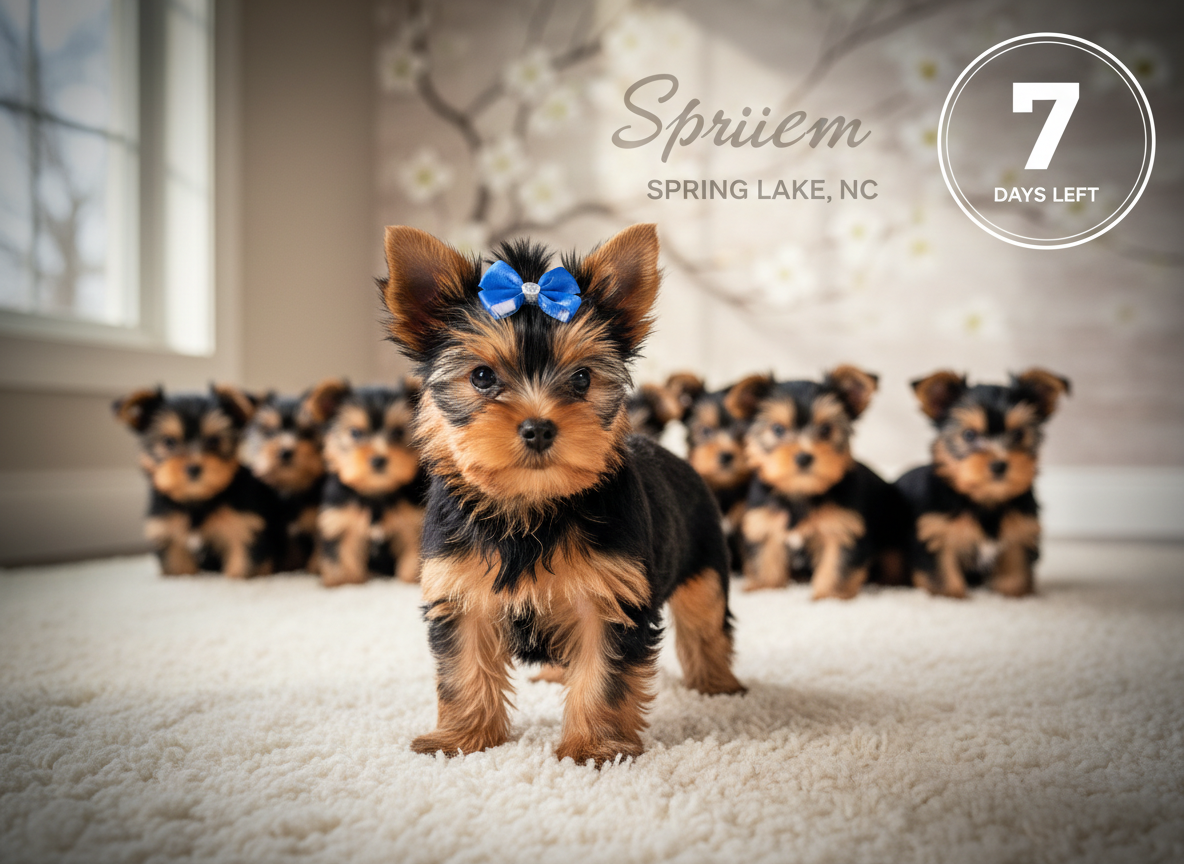An elegant, well-lit indoor scene showing a single standout Yorkshire Terrier puppy in the foreground, sharply in focus, with eight more yorkie puppies slightly blurred behind it on a cozy, cream-colored rug. The lead puppy has a glossy, neatly brushed coat, a small decorative bow, and a poised, confident stance, representing top-tier AKC potential. Behind them, the suggestion of a tasteful wall graphic evokes Spring Lake, NC and a subtle countdown-style icon hinting at a one-week special offer. Soft, diffused daylight from a large unseen window fills the room, creating a warm, inviting, professional mood. Photographic realism, rule-of-thirds composition, with a gentle vignette that draws attention to the lead puppy as the “featured” pup.