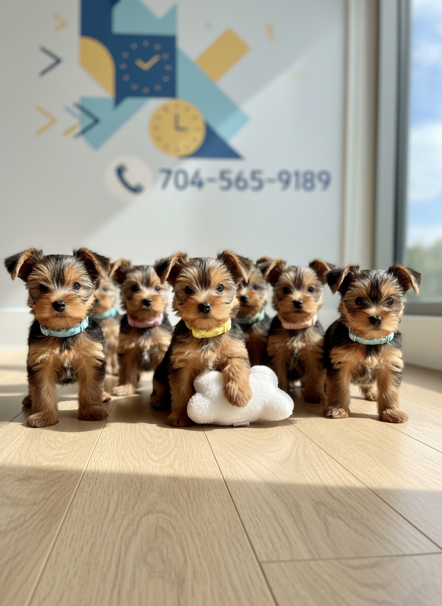 A close, wide-angle shot of nine AKC-quality Yorkshire Terrier puppies spread across a light wood floor, each wearing a different tiny pastel-colored collar, some sitting, some playfully pouncing on a plush toy. In the background, slightly out of focus, a tasteful, non-text graphic element suggests a limited-time discount and one-week urgency through bold shapes and clock-like icons, alongside a simple phone icon and number-like motif echoing 704-565-9189 without legible text. Natural window light pours in from the right, casting soft highlights and faint shadows, conveying an energetic yet professional atmosphere. Photographic realism with vibrant color, shot at puppy eye level, emphasizing their healthy coats, bright eyes, and small, compact bodies.